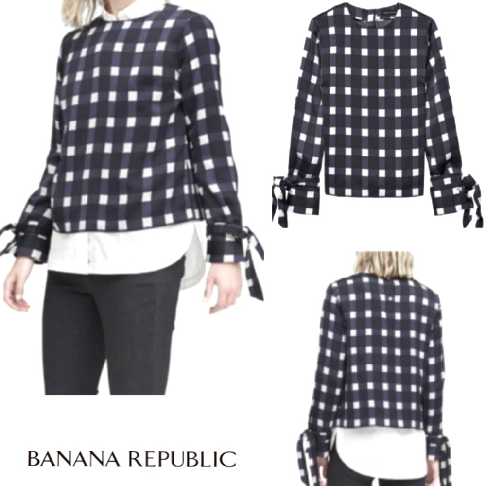 Banana Republic Gingham Vented Tie‎ Cuff Top size M reg $88